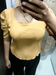 Yellow Puff Sleeve Knit Top
