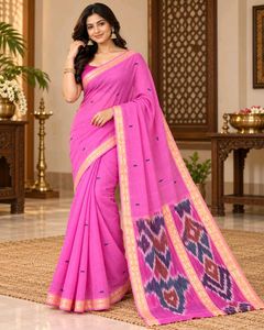 Tant Vibrant Pink Saree with Ikat Border