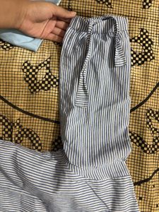 Chic Blue Striped Bow Sleeve Blouse