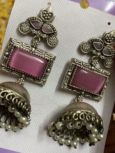 Elegant Pink Stone Jhumka Earrings