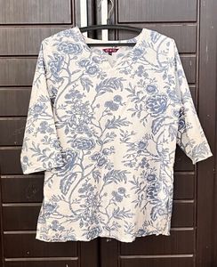 Blue Floral Print Cotton Kurta