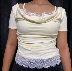 Sheer Lace Trim Cowl Neck Top