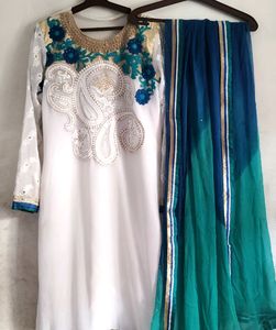 Party Wear White &amp; Blue Embroidered Kurta Plazzo,