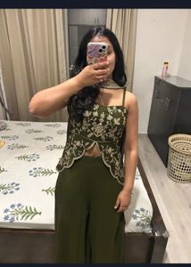 Sangria Embroidered Olive Green Kurta Set
