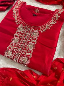 Stunning Red Embroidered Kurta Set