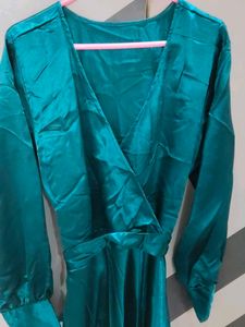 Elegant Teal Satin Wrap Dress