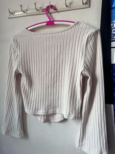 Ribbed White Cropped Top with Bell Sleeves