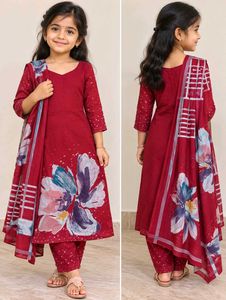 Girls' Red Kurta Set with Floral Print