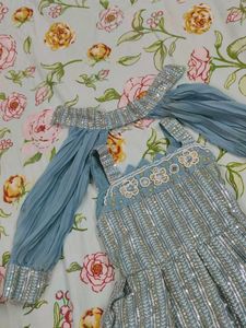 Girls' Blue Embellished Outfit