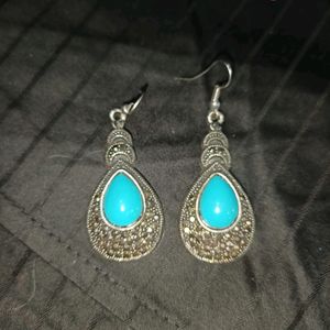 Oxidised Silver Earrings With Blue Stone