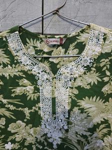 Green Floral Print Kurta with Lace
