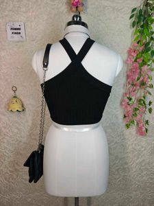 Black Ribbed Halter Neck Crop Top with Star Charm