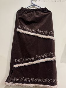 Brown Embroidered Fur Trim Maxi Skirt