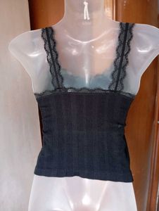 Black Ribbed Lace Trim Crop Top