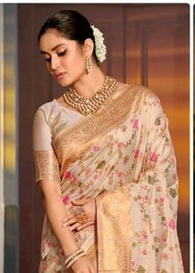 Cream Banarsi Silk Saree Party Wear