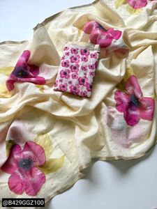 Elegant Cream Saree with Pink Floral Print