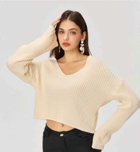 Cream Ribbed V-Neck Crop Sweater