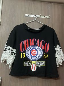 Black Chicago Graphic Tee with Lace Sleeves