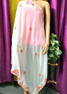 Elegant White &amp; Pink Embroidered Dupatta Scarf