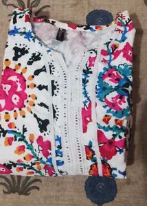 Vibrant Floral Print Kurta Frock with Lace Trim