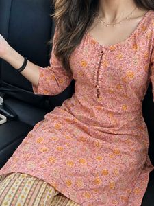 XL - Pink Block Print Kurta with Striped Pants