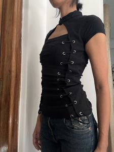 Edgy Black Cutout Lace-Up Top