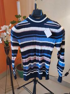 New Korean Striped Knit Mock Neck Top