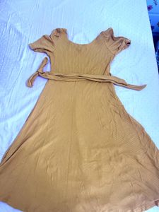 Mustard Midi Dress with Tie Waist