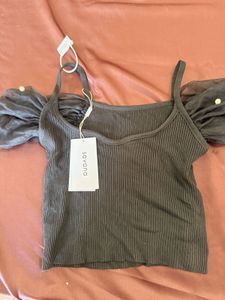 Sheer Puff Sleeve Ribbed Crop Top