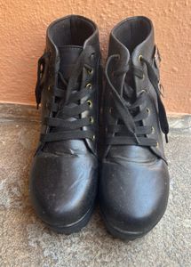 Black Faux Leather Lace-Up Boots