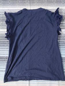 Navy Daisy Embroidered Ruffle Sleeve Top