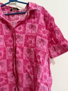 Pink Palm Tree Print Button-Up Shirt