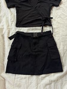 Black Wrap Top & Cargo Skirt Set