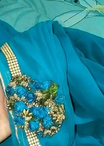Rama Green Saree With Golden Jurkan Lace And Wit