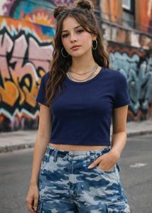 Casual Navy Blue Crop T-Shirt
