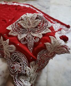 Red moti work saree