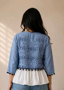 Embroidered Blue Crop Jacket