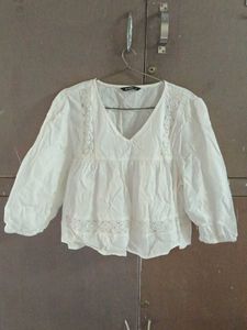 White Lace Trim V-Neck Top