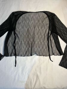 Sheer Black Tie-Front Long Sleeve Top
