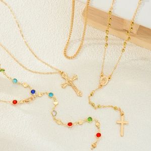 Boho Layered Cross Necklace with Colorful Beads