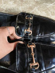 Black Patent Loafers with Gold Buckle