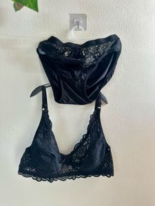 Black Lace Bra and Panty Set with free pads