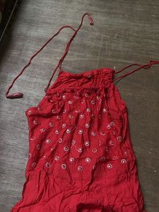 Red Embroidered Kurta with Mirror Work