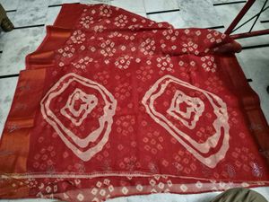 Red Bandhani Print Saree with Embellishments