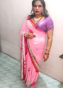 Elegant Pink Floral Saree with katori cut blause
