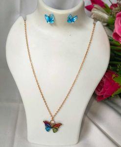 Cute Butterfly Blue Metal Necklace &amp; Earrings Set