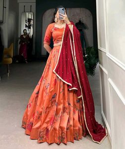 Vibrant Orange Floral Lehenga Choli with Red Dupat