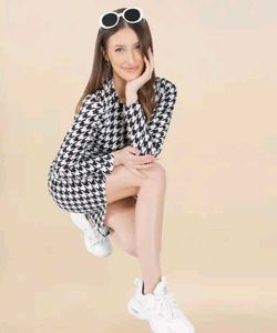 Houndstooth Print Long Sleeve Dress