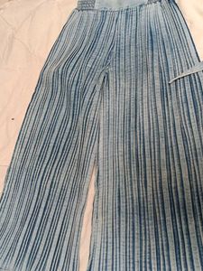 Blue Pleated Wide-Leg Pants