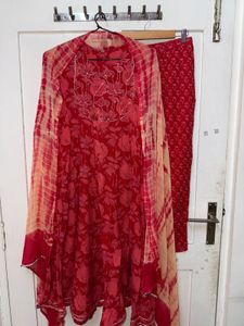 Red Floral Anarkali with Dupatta